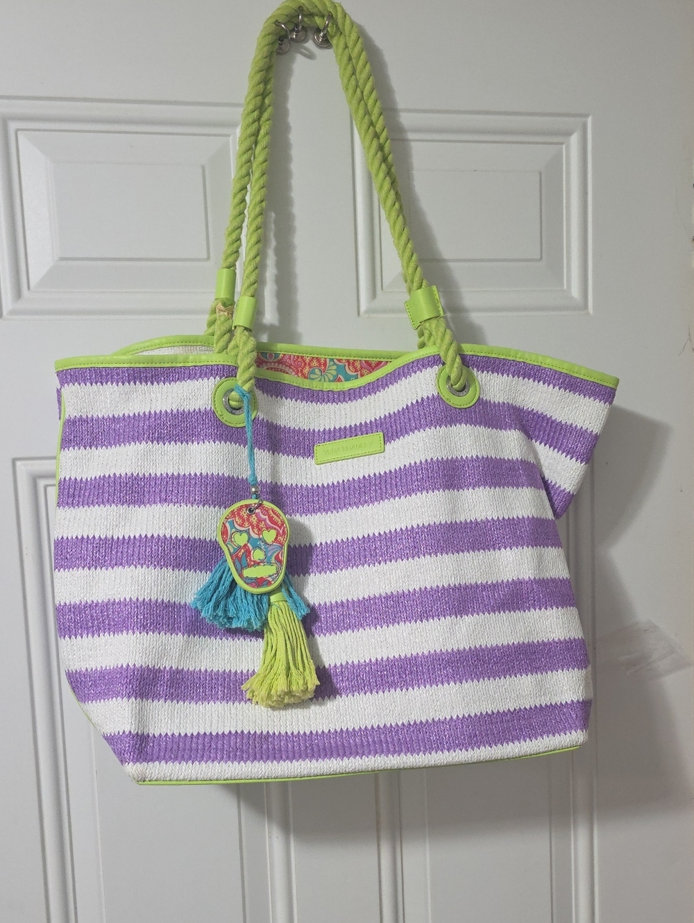 Vera Bradley Striped Lilac & White Tote Bag with Lime Accents
